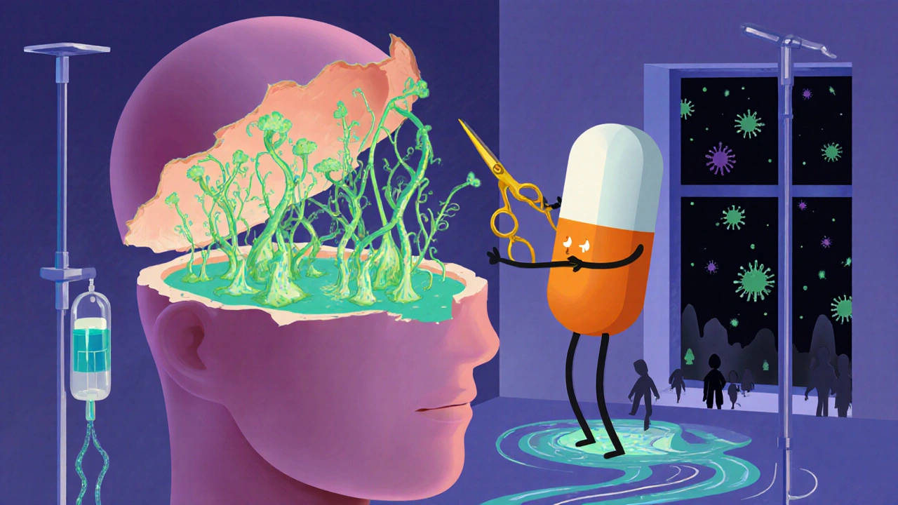 A dreamlike hospital scene where a fluconazole tablet prunes fungal vines inside a cracked skull.