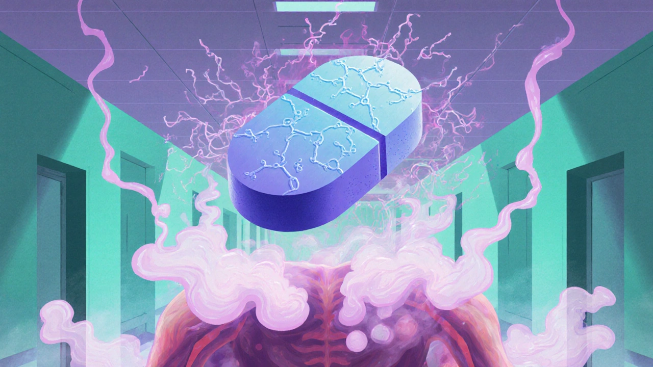 A giant acetaminophen tablet dissolving invisible injuries with soft golden light.