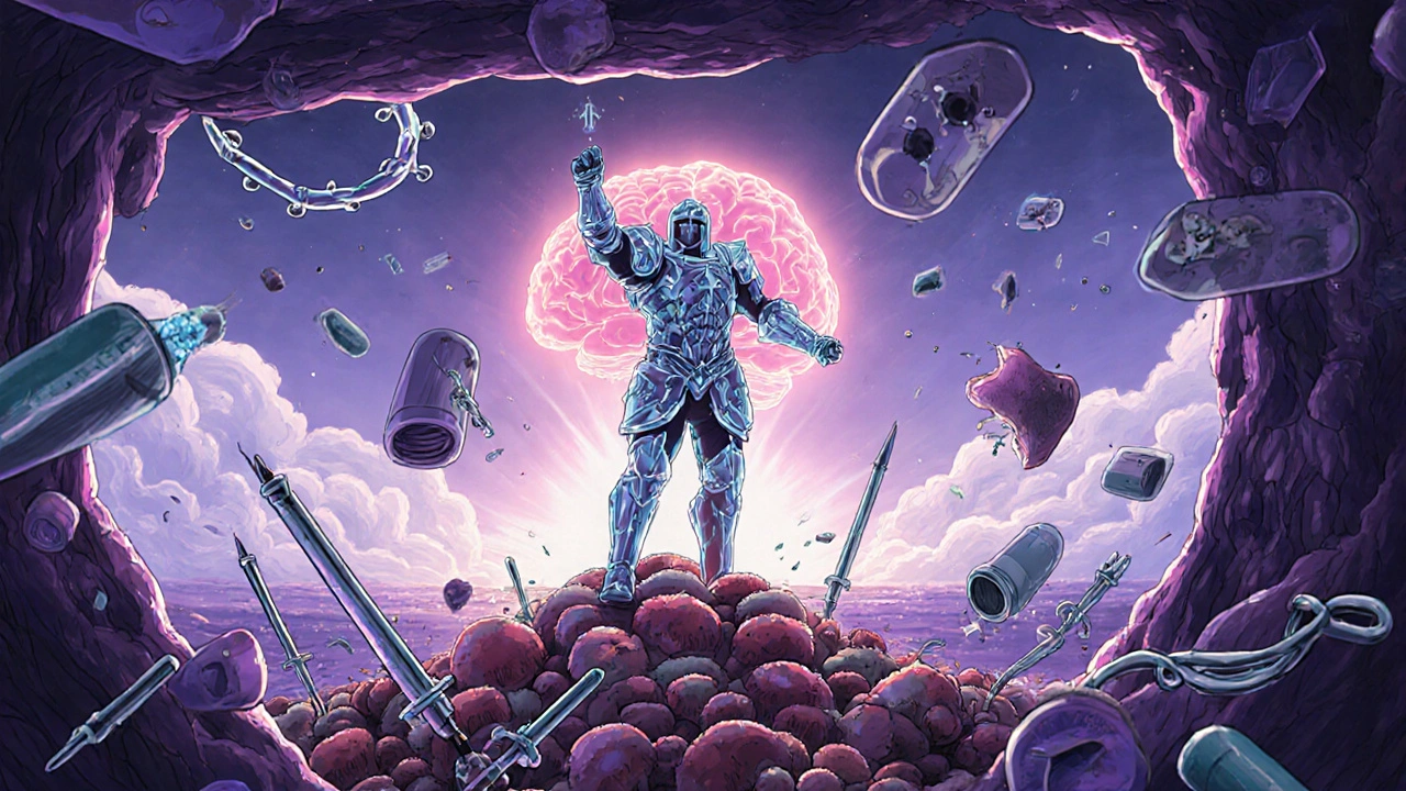 A heroic fluconazole warrior defeats Candida fungi in a surreal internal body battlefield.