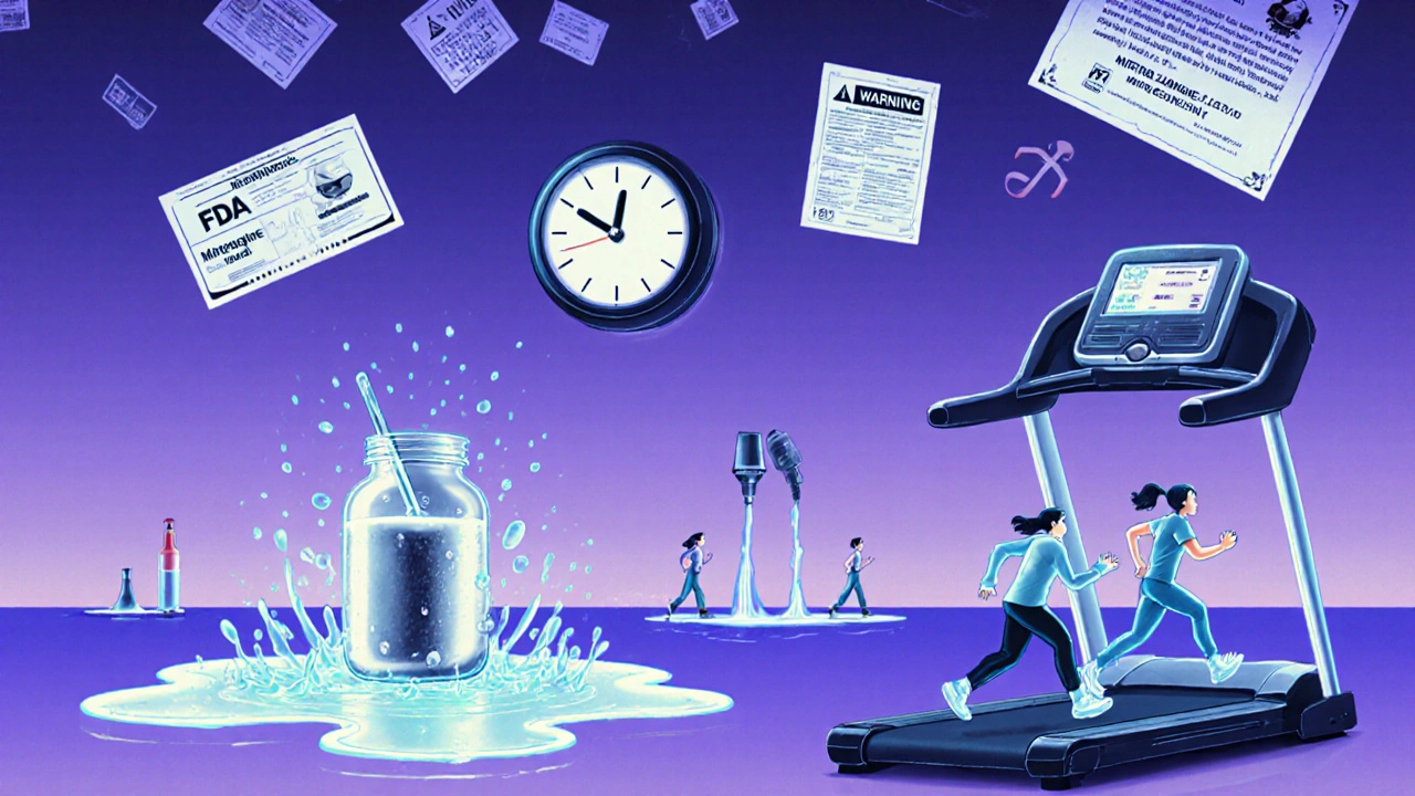 A kitchen-lab hybrid with glowing protein shakes, floating treadmill, and medical symbols.