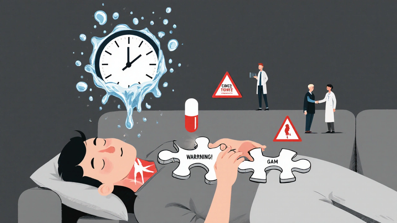 A person's body as a puzzle with a pill and warning signs, guided by healers.