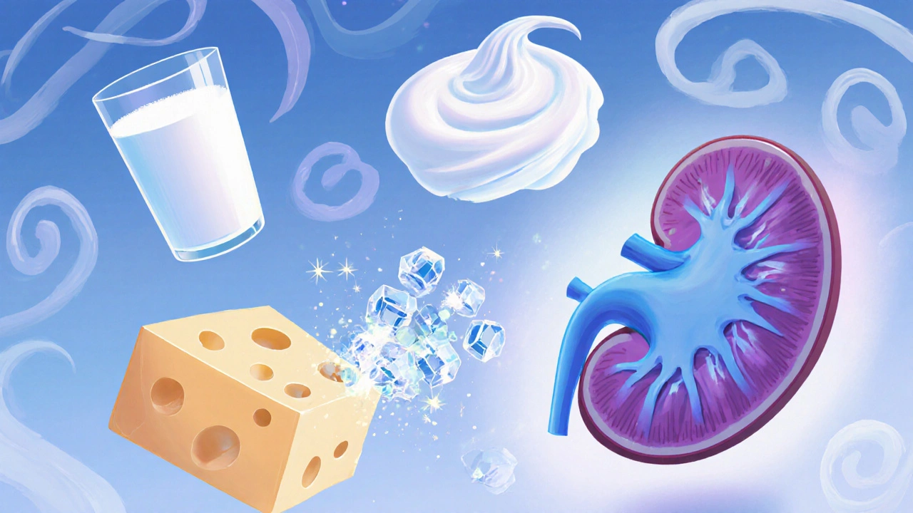 Abstract cartoon kidney filtering uric‑acid crystals amid floating dairy items.
