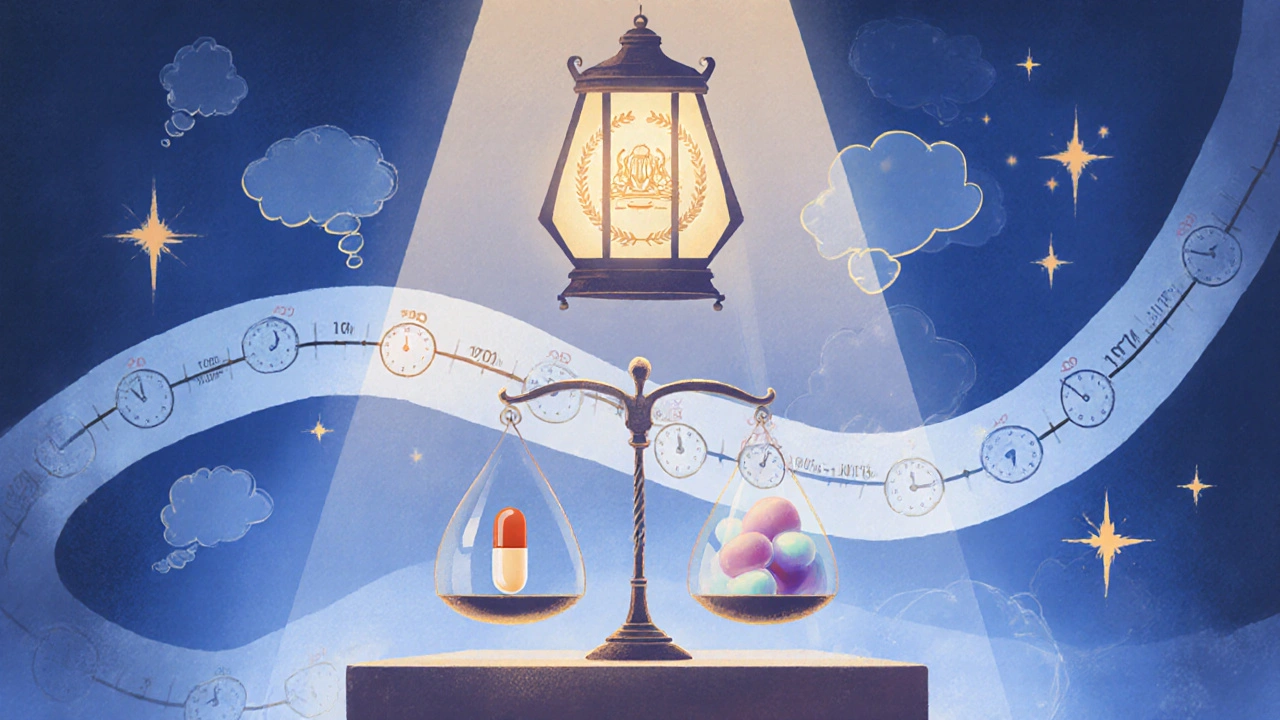 Abstract illustration of a balance scale with a pill and ghostly thought bubbles under an FDA glow.