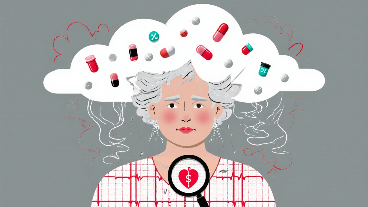 An elderly woman made of ECG waves and ions, surrounded by dangerous drug interactions in abstract form.