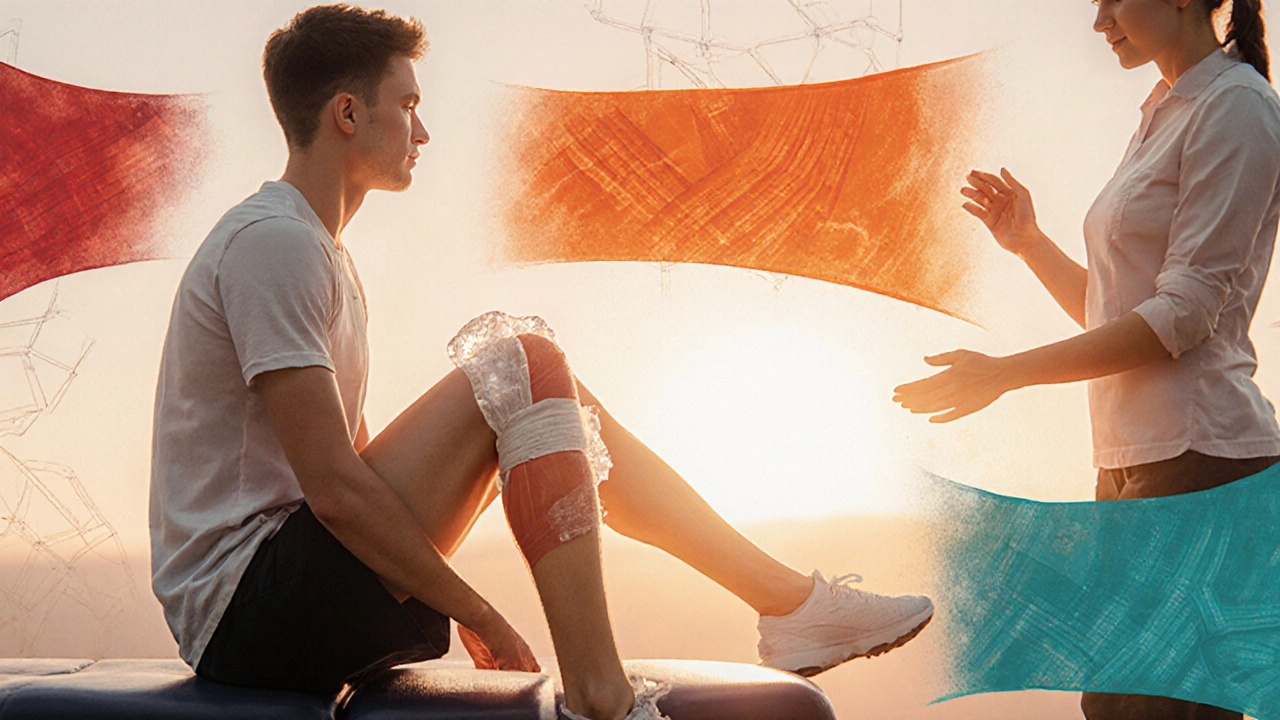 Athlete receiving ice, compression and physiotherapy with healing phase colors.