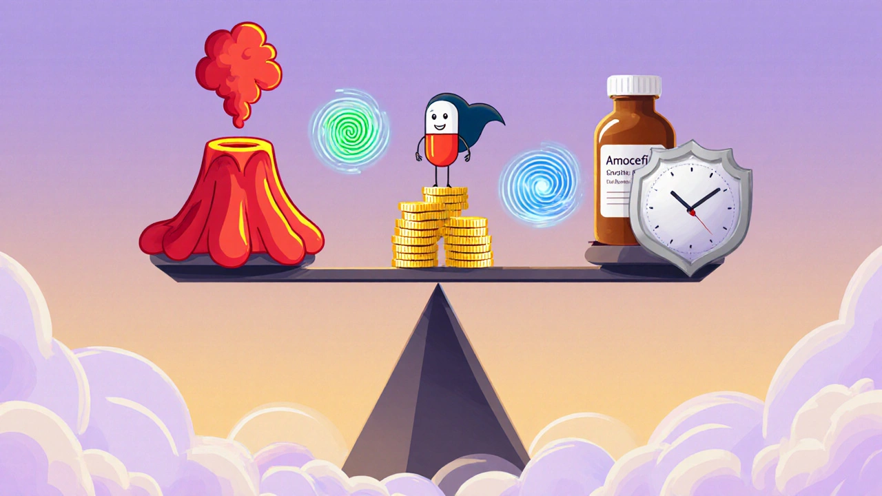Balancing scale shows Omnicef side effects versus cost with playful icons.
