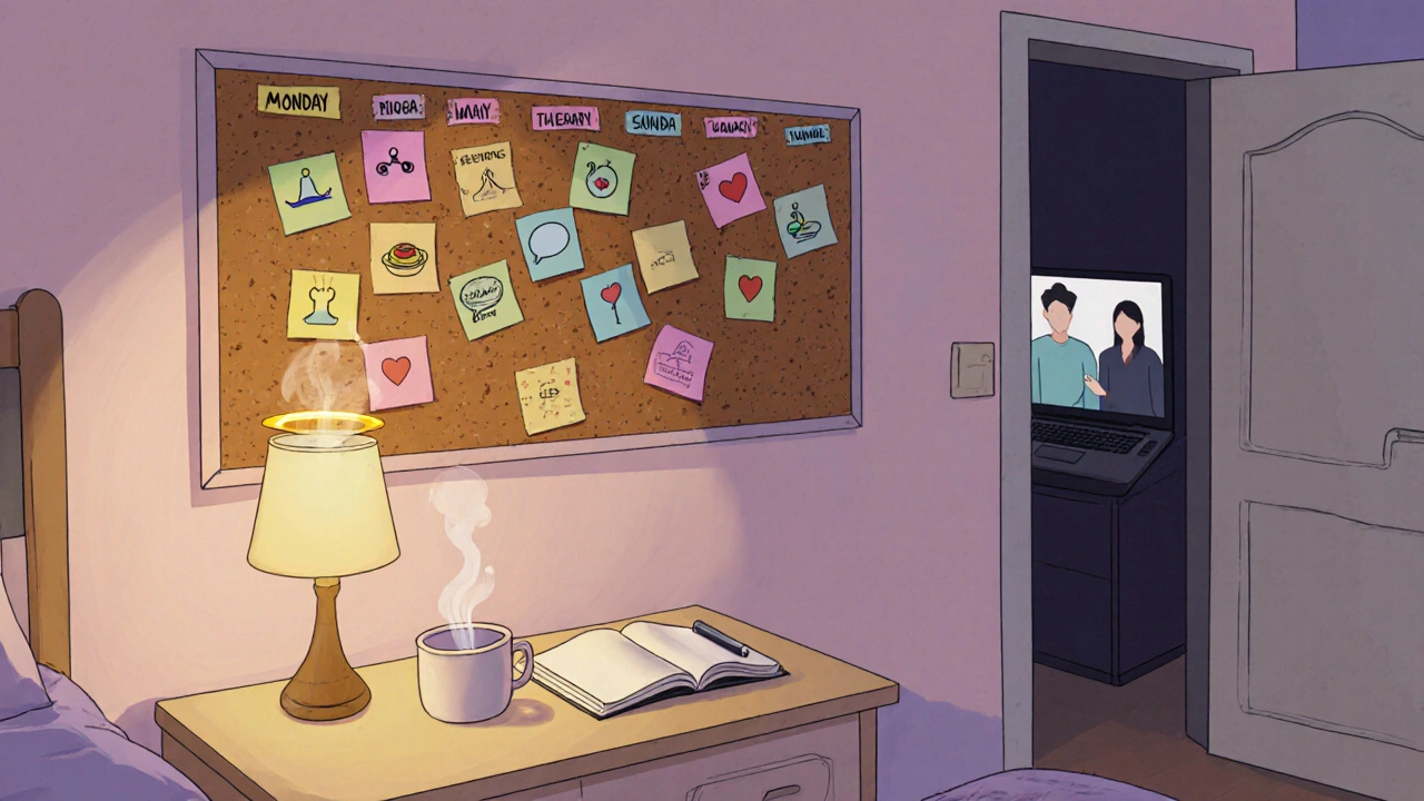 Bedroom wall with sticky‑note weekly planner, journal, mug, and hint of a supportive video call.