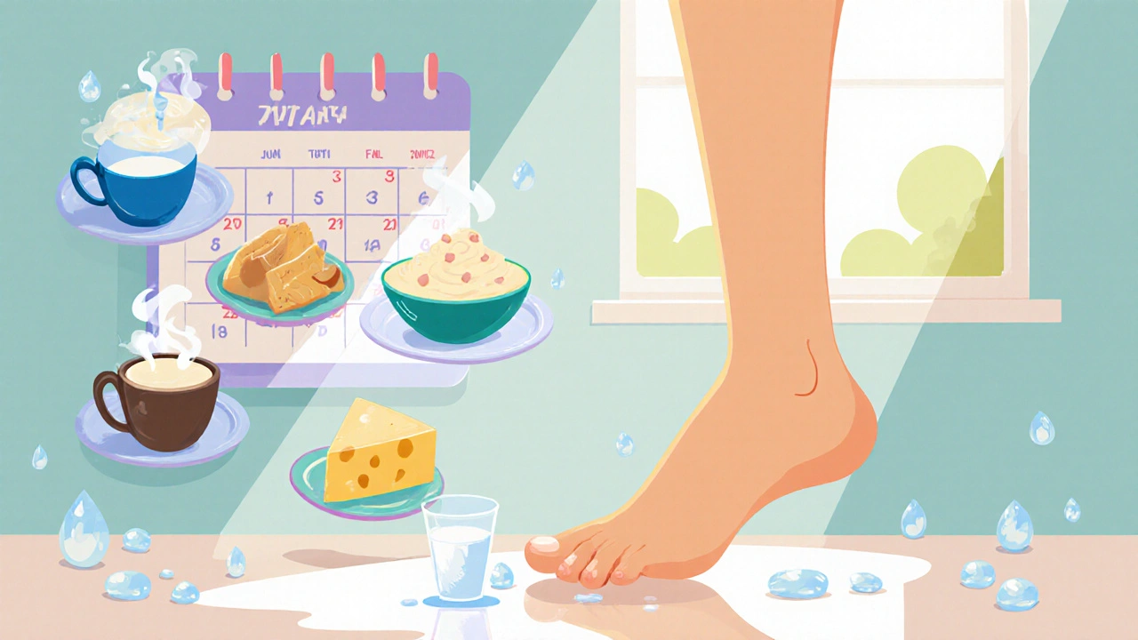 Bright cartoon kitchen with a weekly meal plan of low‑fat dairy and a happy foot.
