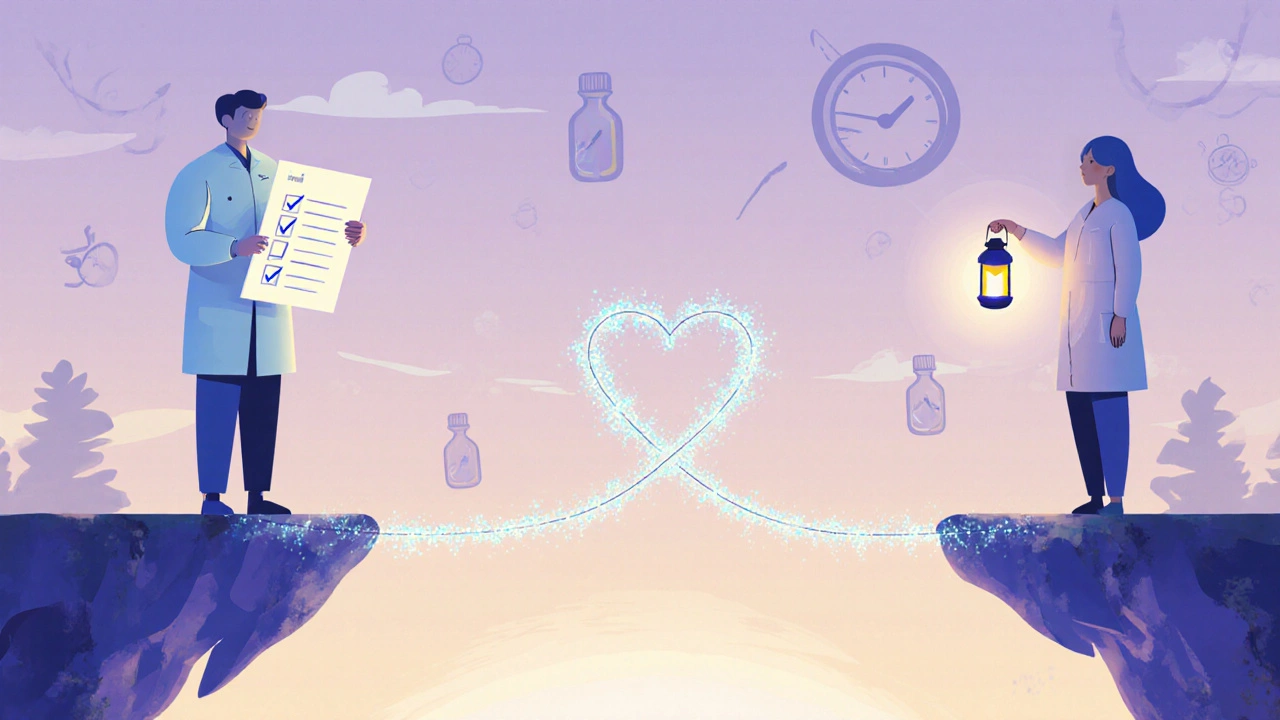 Cartoon of a clinician and patient crossing a glowing safety bridge with a heart lantern.