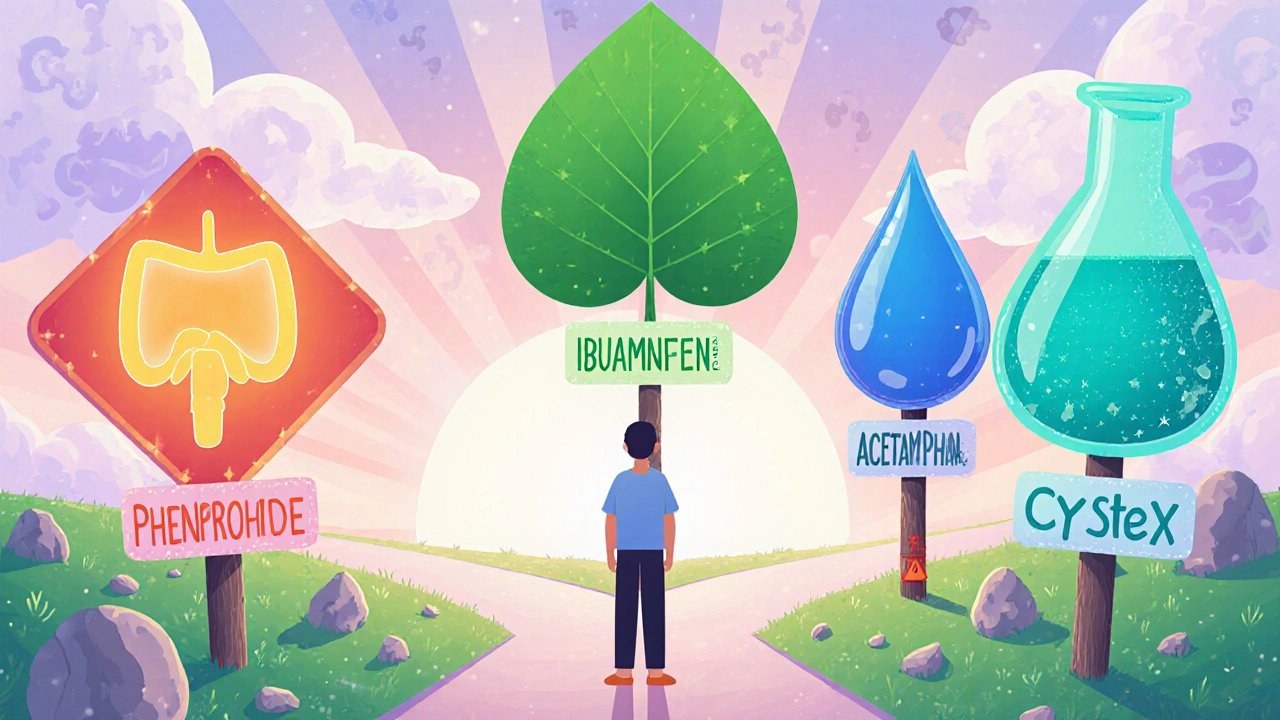 Cartoon person at a colorful signpost crossroads choosing among phenazopyridine, ibuprofen, acetaminophen, and Cystex.