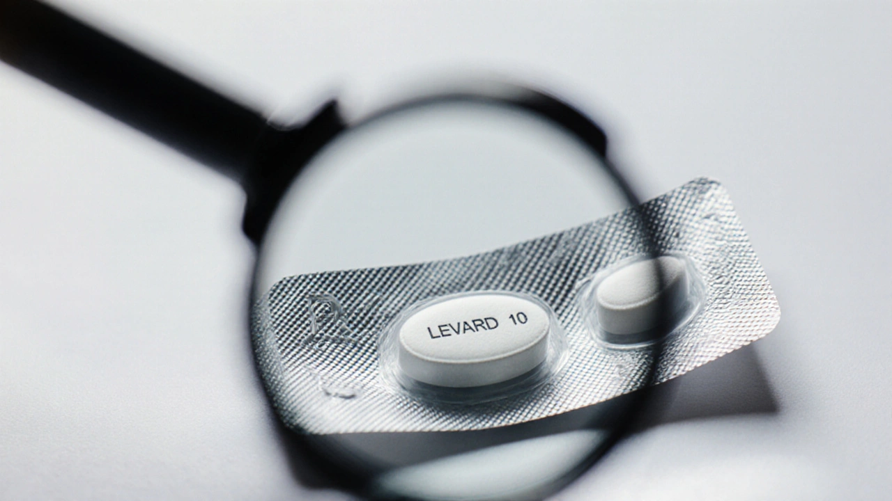 Close-up of a generic Levitra tablet showing imprint and blister pack.