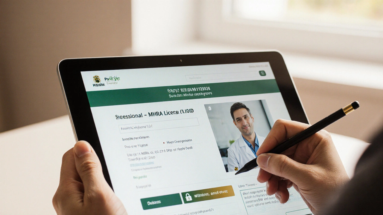 Close‑up of pharmacy website footer with MHRA badge, padlock, and video call window.
