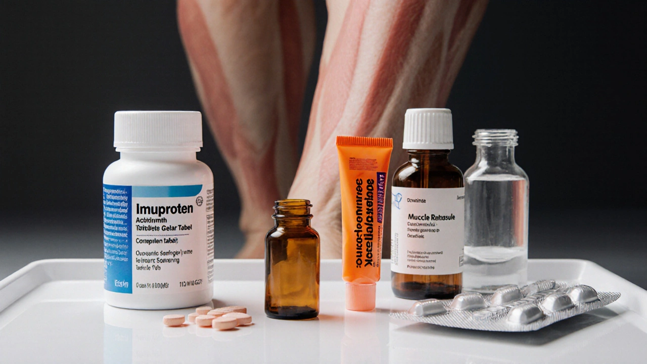 Close‑up of various pain and anti‑inflammatory meds on a medical tray.