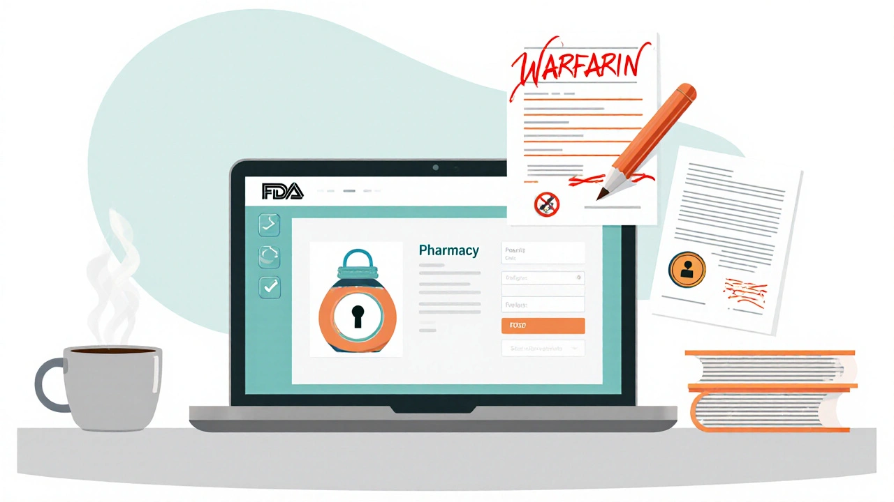 Computer screen showing secure online pharmacy icons and a pill bottle.