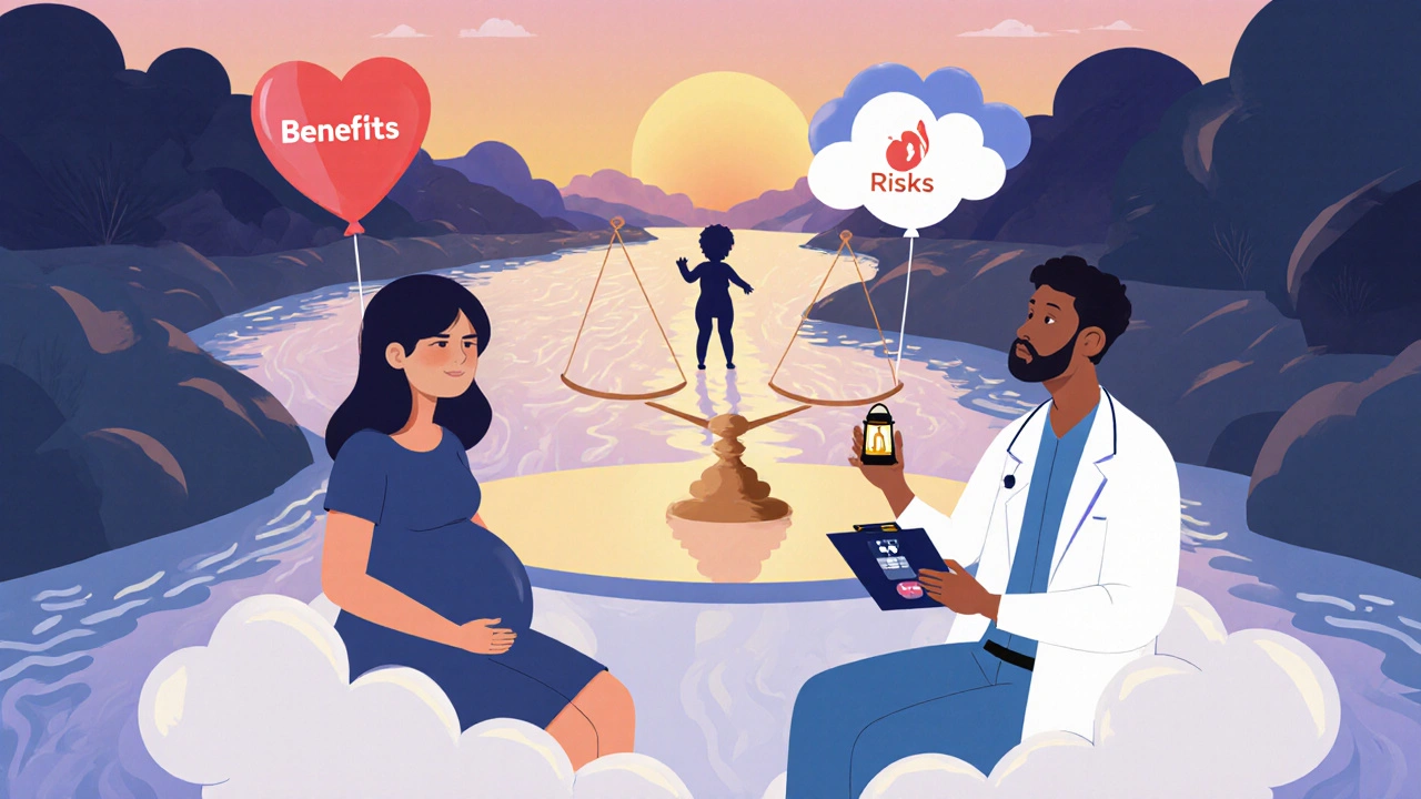 Doctor and pregnant patient at a cloud table balancing benefits and risks, with a breastfeeding infant silhouette.