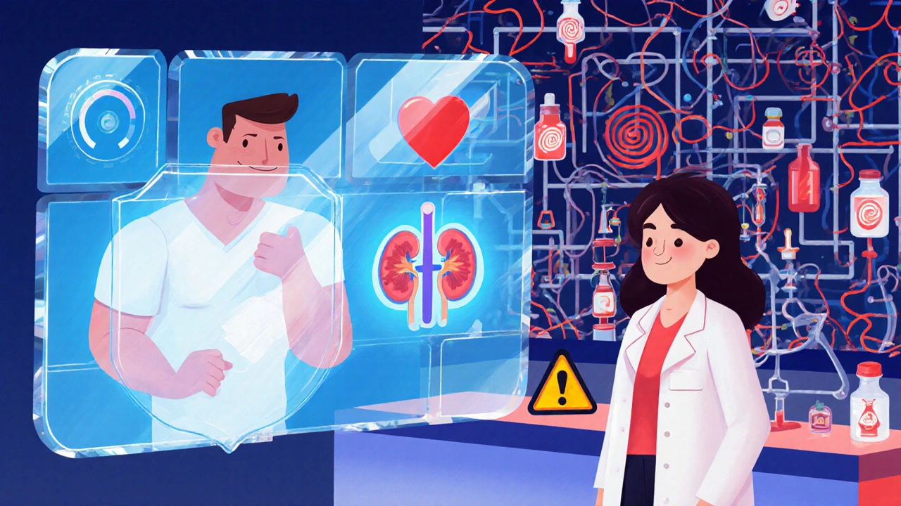 Doctor with health dashboard monitors muscle shield, bone crystal, heart and kidney icons.