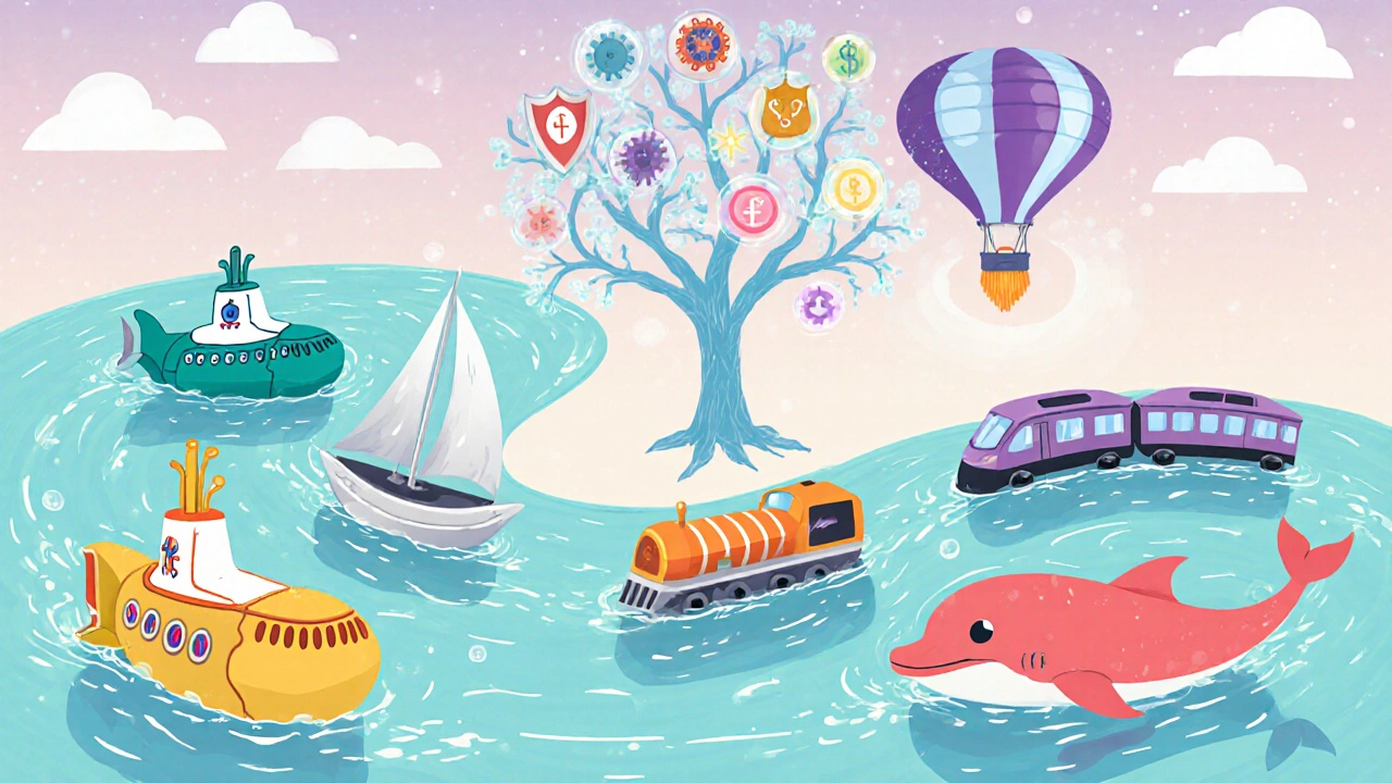 Fantasy pharmacy river with floating antibiotic vessels linked by a glowing decision tree.
