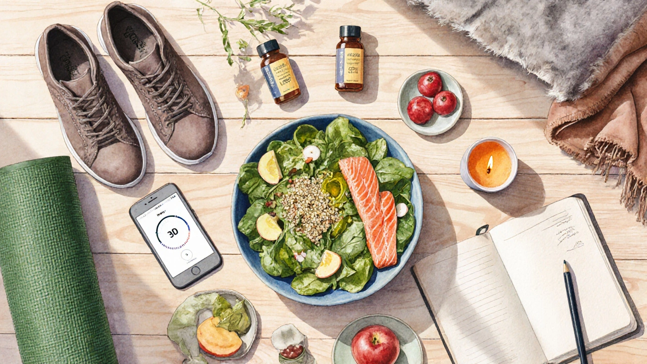 Flatlay of healthy food, yoga mat, journal, candle, and phone showing breath‑work on a wooden table.
