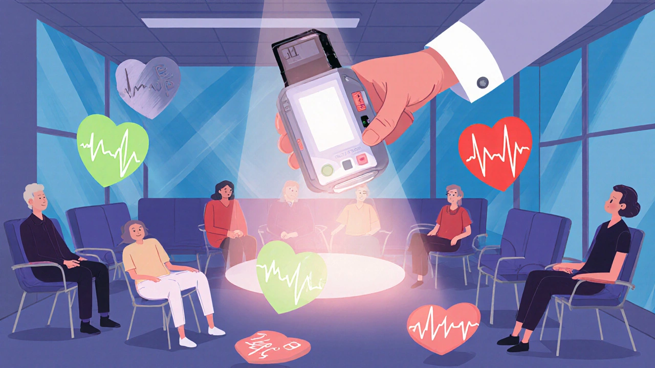 Floating heart icons in a clinic, some glowing red with risk factors, illuminated by an ECG device's light.