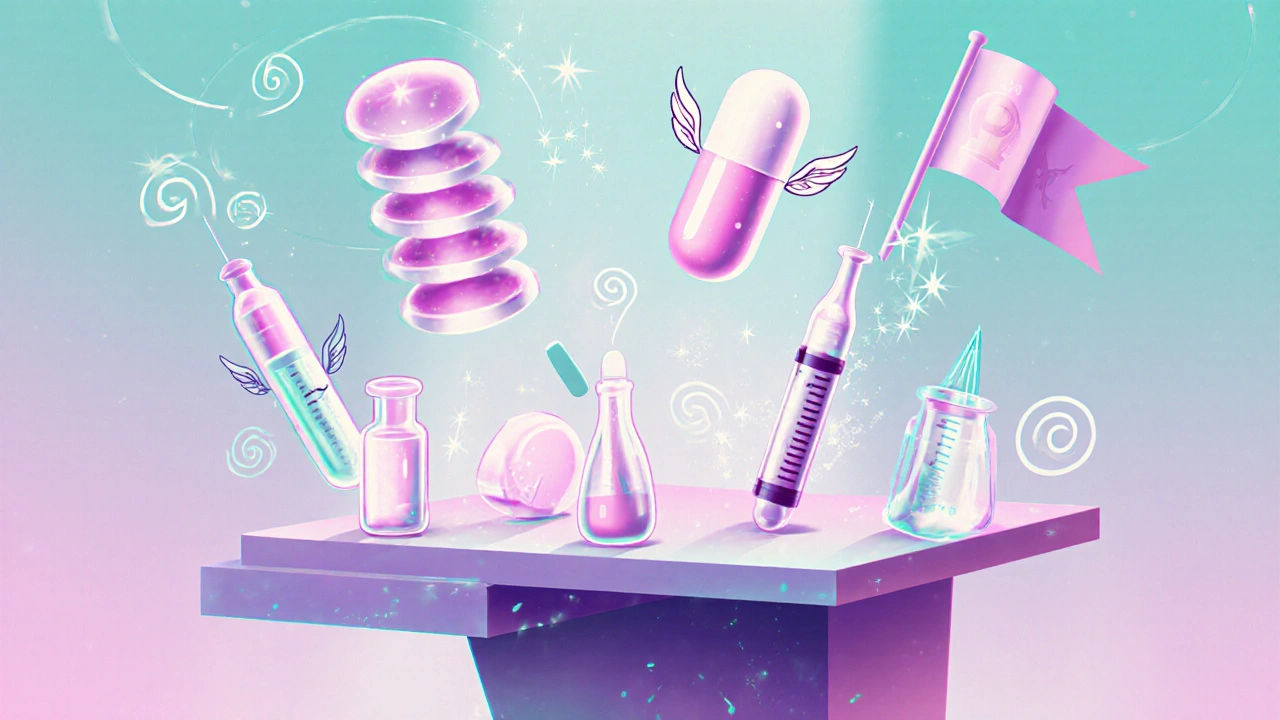 Floating lab items personify retatrutide, orforglipron, VK2735, MET097, and tirzepatide on a whimsical table.