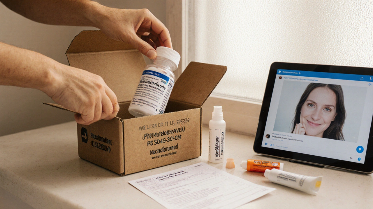 Hand opening a delivery box, revealing labeled generic isotretinoin bottle with skincare items nearby.