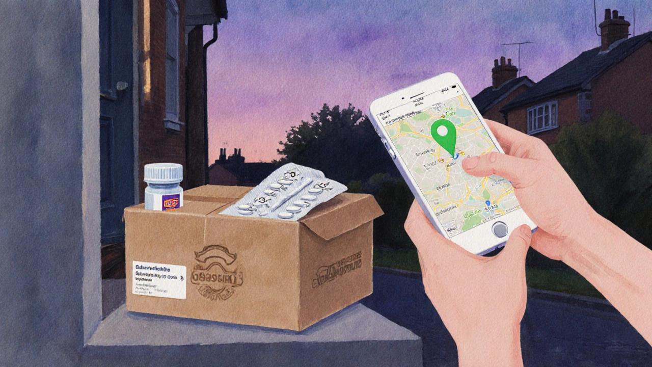 Hands opening a plain delivery box revealing generic Viagra pills, with phone tracking.