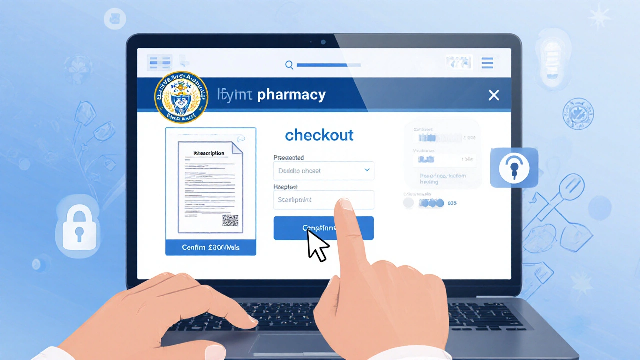Hands using a laptop to verify a secure online pharmacy checkout with a prescription.