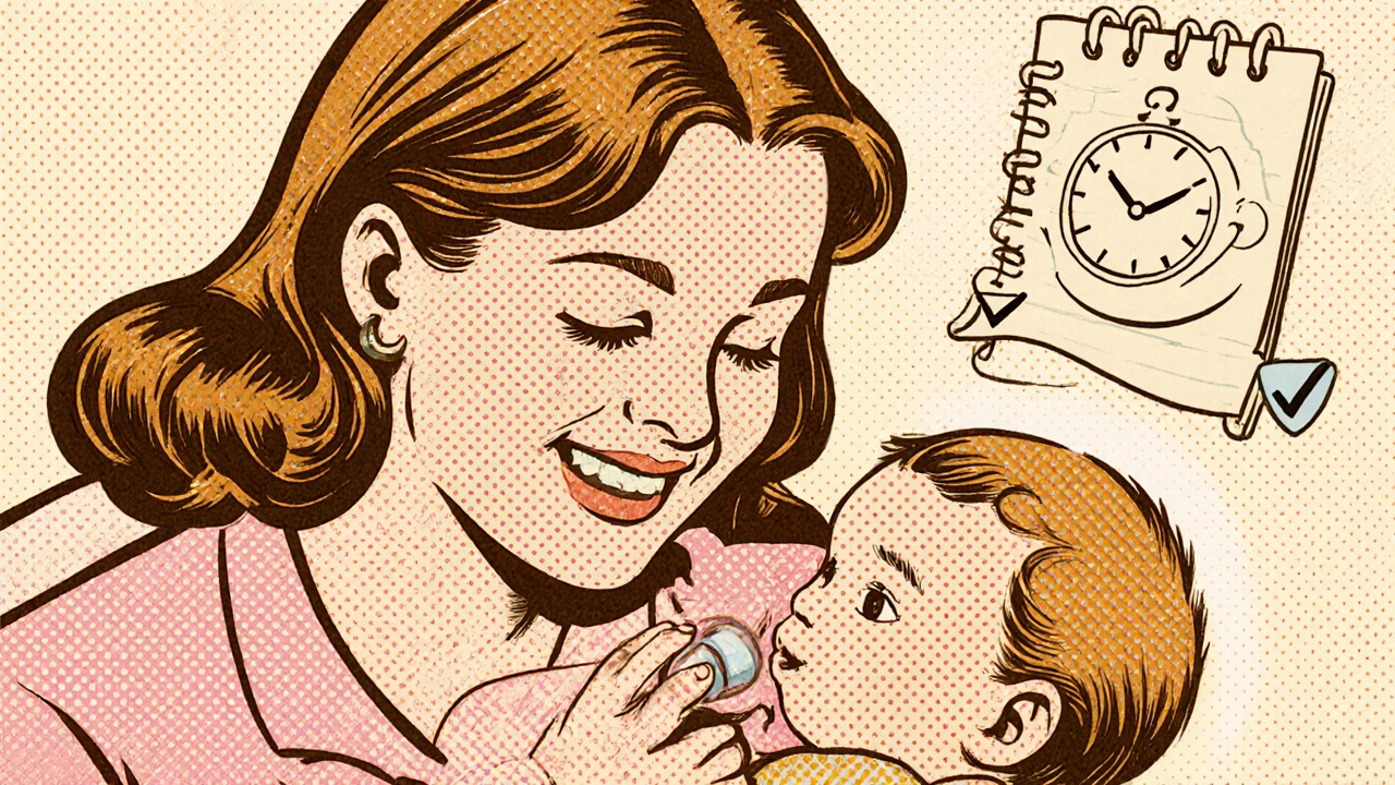 Happy mom nursing baby after dose, clock and diary icons shown.