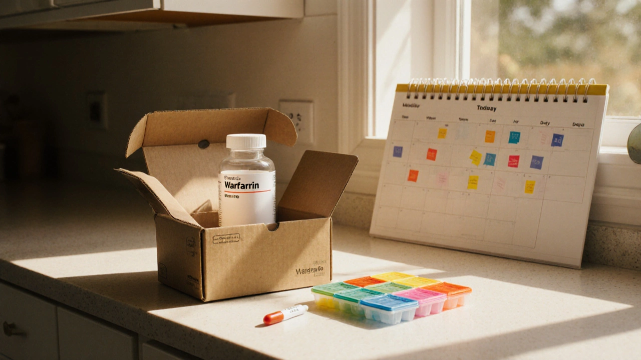 Open delivery box with generic warfarin bottle, pill organizer, and INR test strips.
