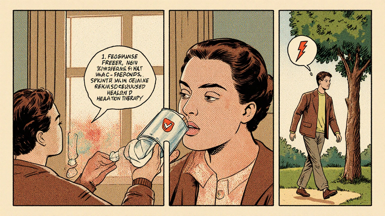 Patient applying moisturizer, drinking water, and walking, showing side‑effect care.