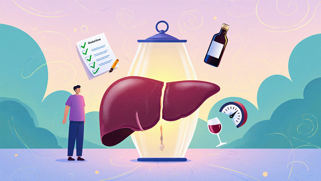 Patient surrounded by floating icons for liver tests, reduced duloxetine dose, and limited alcohol.