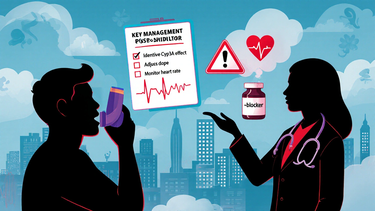 Patient with inhaler, heart monitor and checklist warning of interaction risks.