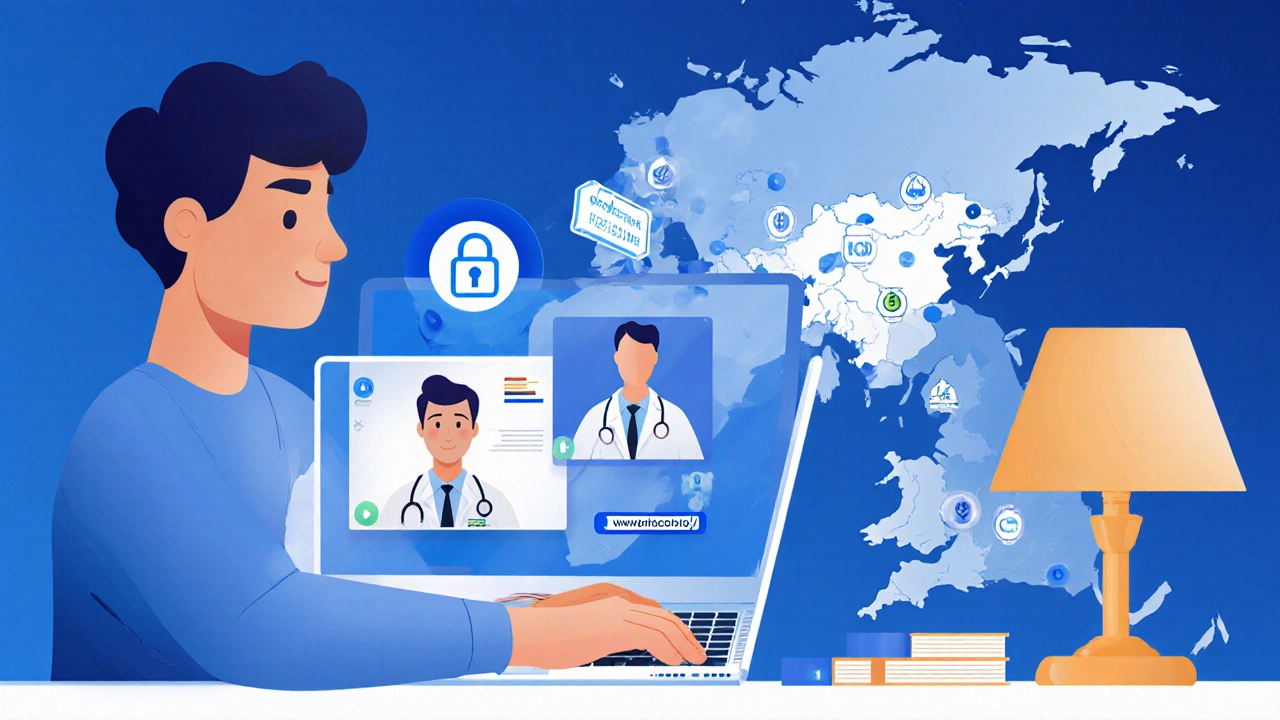 Person on laptop having a telehealth video with doctor, showing prescription code and secure payment icons.