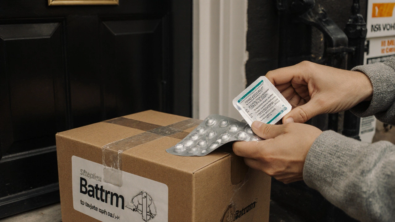 Person opening a delivery box to check a sealed blister pack of generic Bactrim.