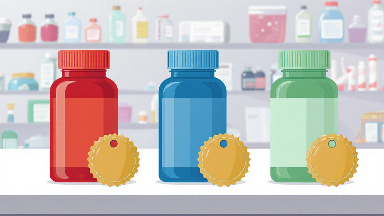 Row of branded and generic ED medication bottles with price tags on a pharmacy counter.