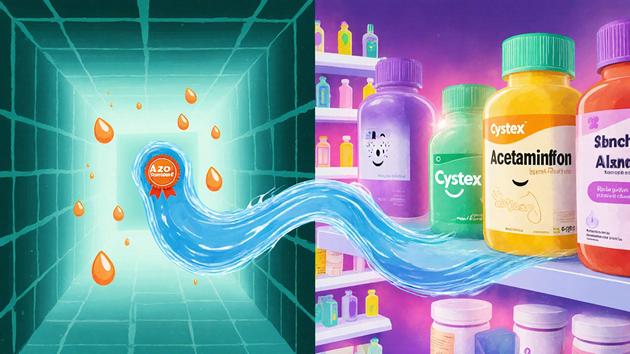 Split scene showing a teal urinary tract with orange droplets and a pharmacy aisle of colorful pill bottles.
