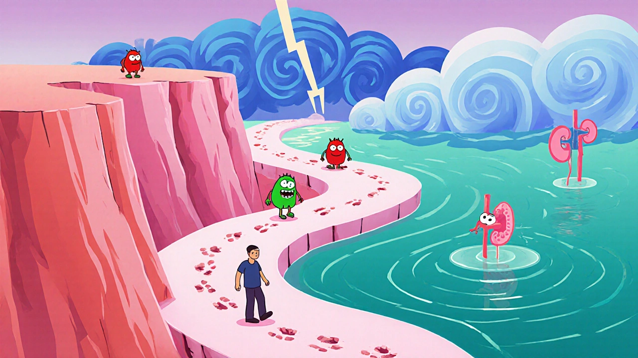 Surreal illustration showing GI, heart, and kidney zones with NSAID characters indicating risk levels.