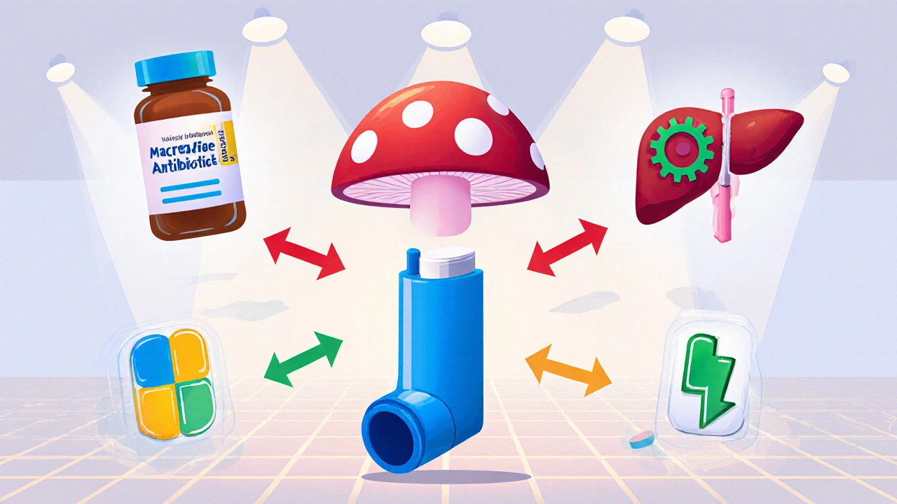 Surreal scene of pills, liver gears and inhaler showing drug interaction pathways.