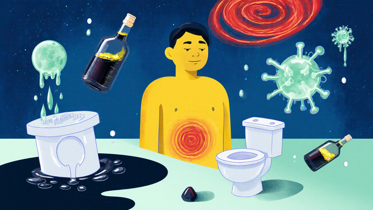 Surreal scene showing jaundice, dark urine, liver pain signs, alcohol bottles and virus shapes.