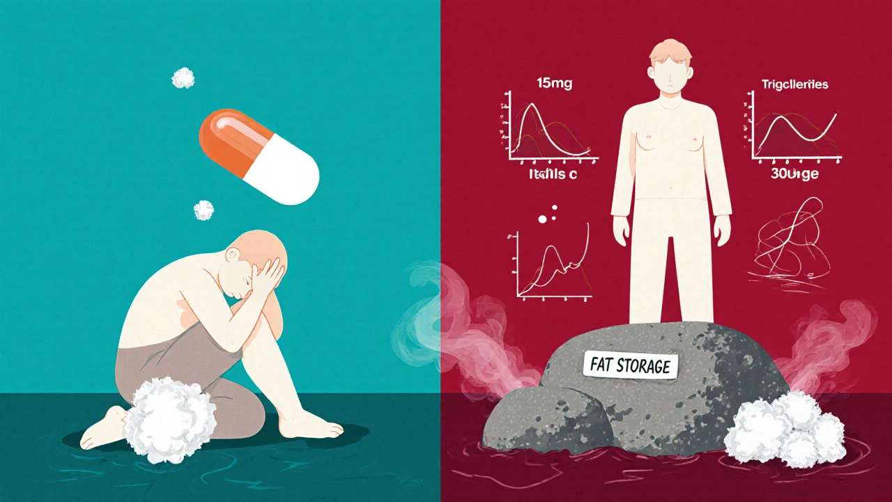 Two figures showing contrasting weight gain effects from different mirtazapine doses.