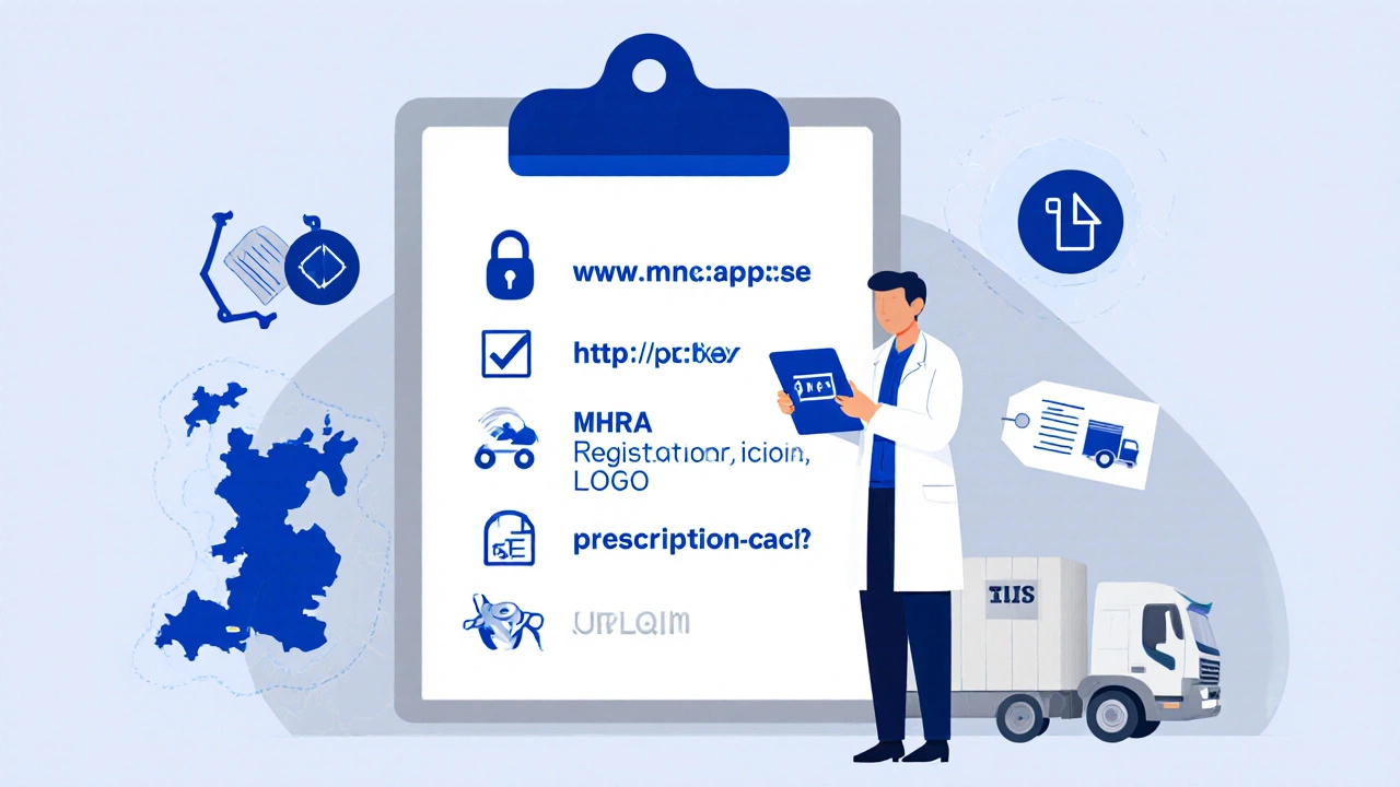 Vector illustration of a checklist for verifying UK online pharmacies with icons and MHRA logo.