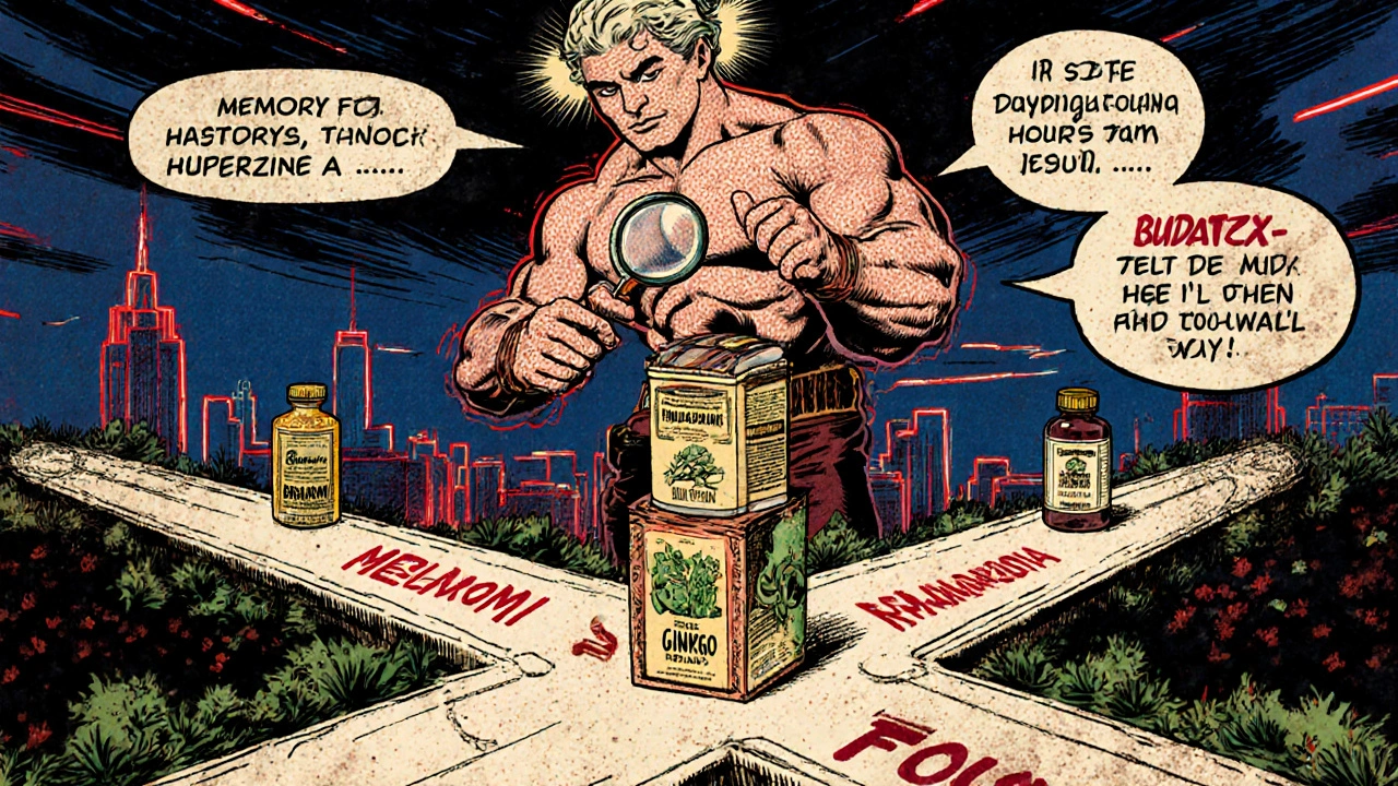 Vintage comic illustration of a brain hero choosing between supplement bottles at a crossroads.