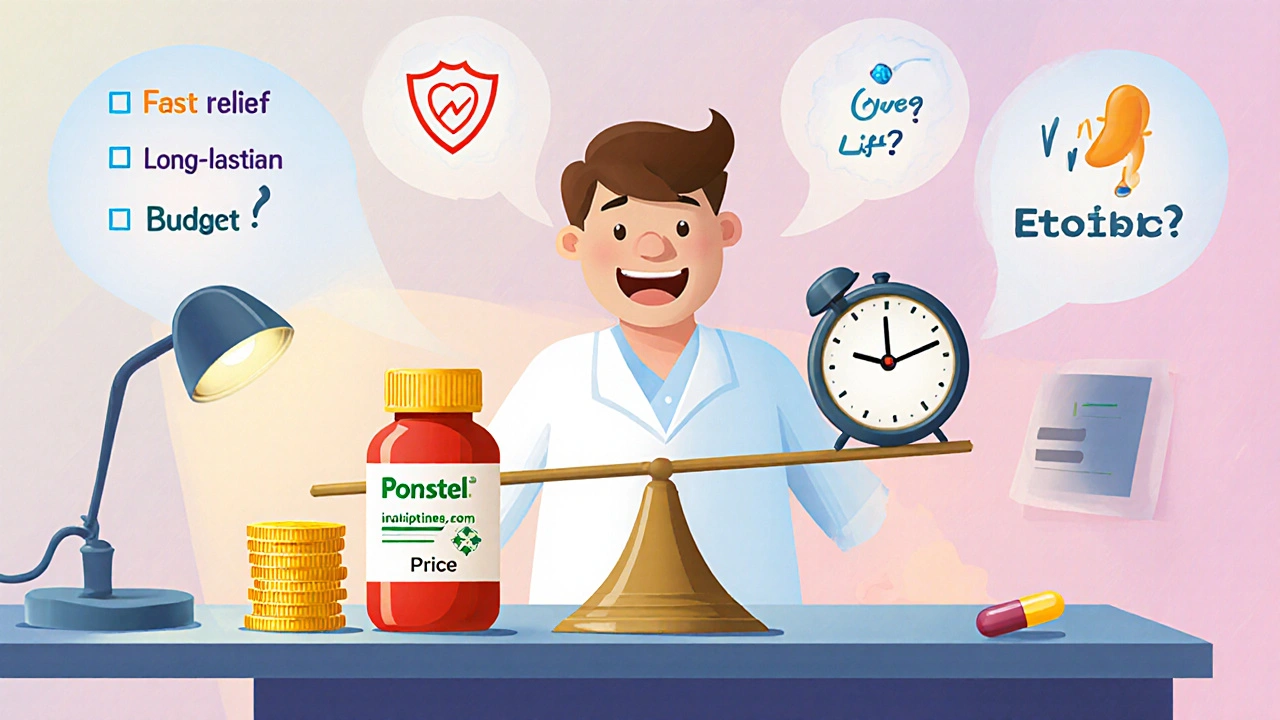 Whimsical pharmacist weighing NSAID options with money, clock, ulcer shield and safety icons.