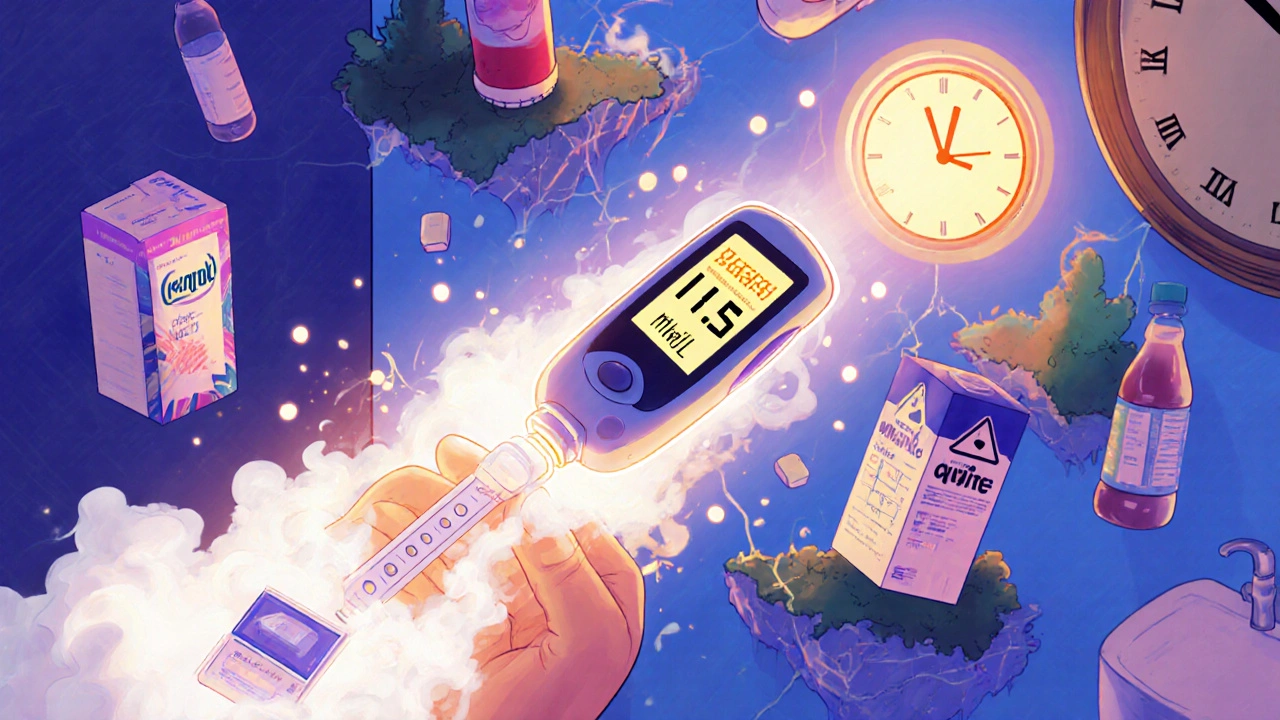 A blood ketone meter emitting light, splitting into outdated urine strips and a glowing digital reading, with floating fluids around it.