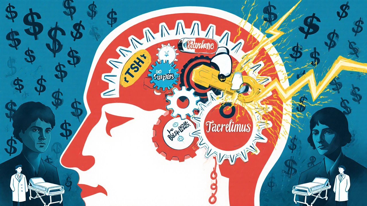 A brain as clockwork gears crumbles when a generic pill is inserted, sparking seizures, as dollar signs turn into hospital gurneys.