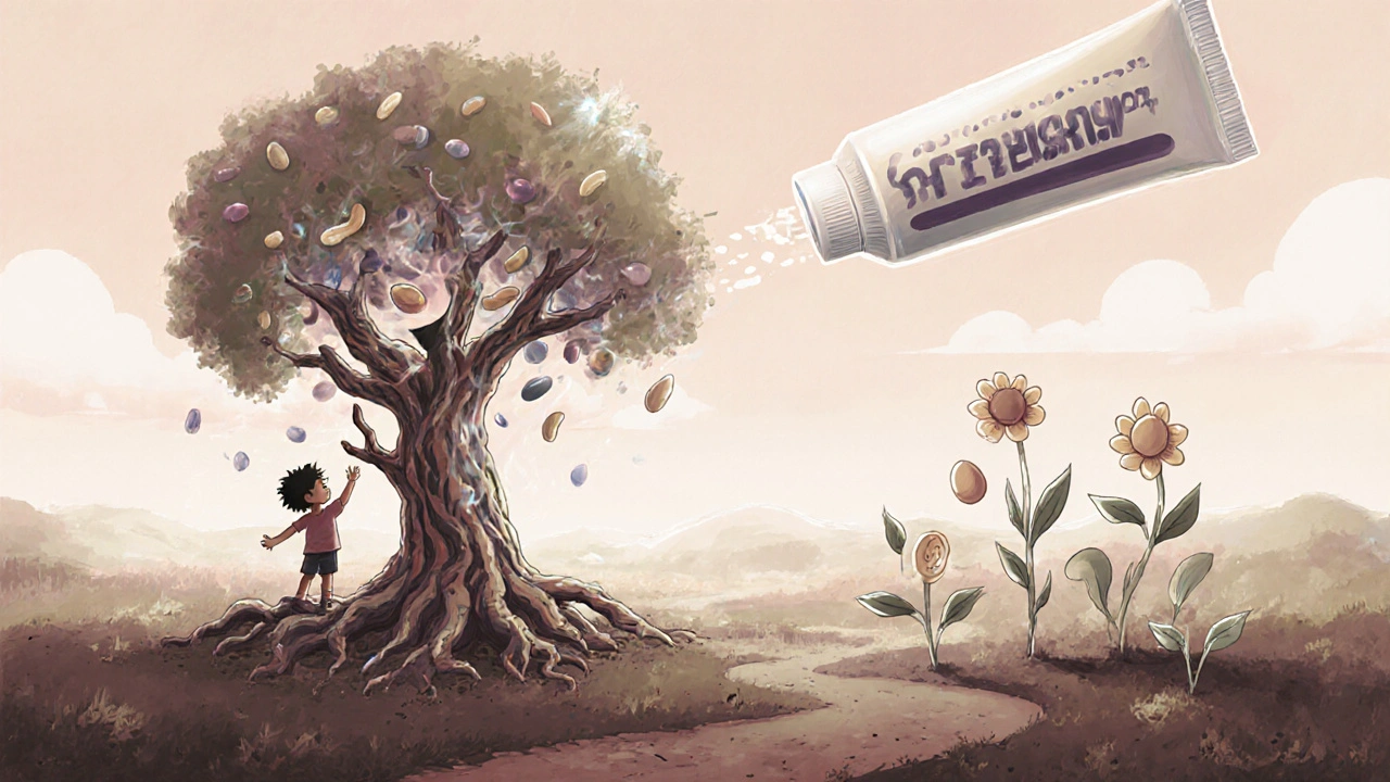 A child&#039;s arm as a tree with allergens in split roots and safe food blooms growing from the soil.