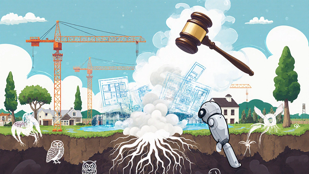 A construction site where homes rise from blueprints while nature dissolves into smoke, representing CEQA exemptions in California.