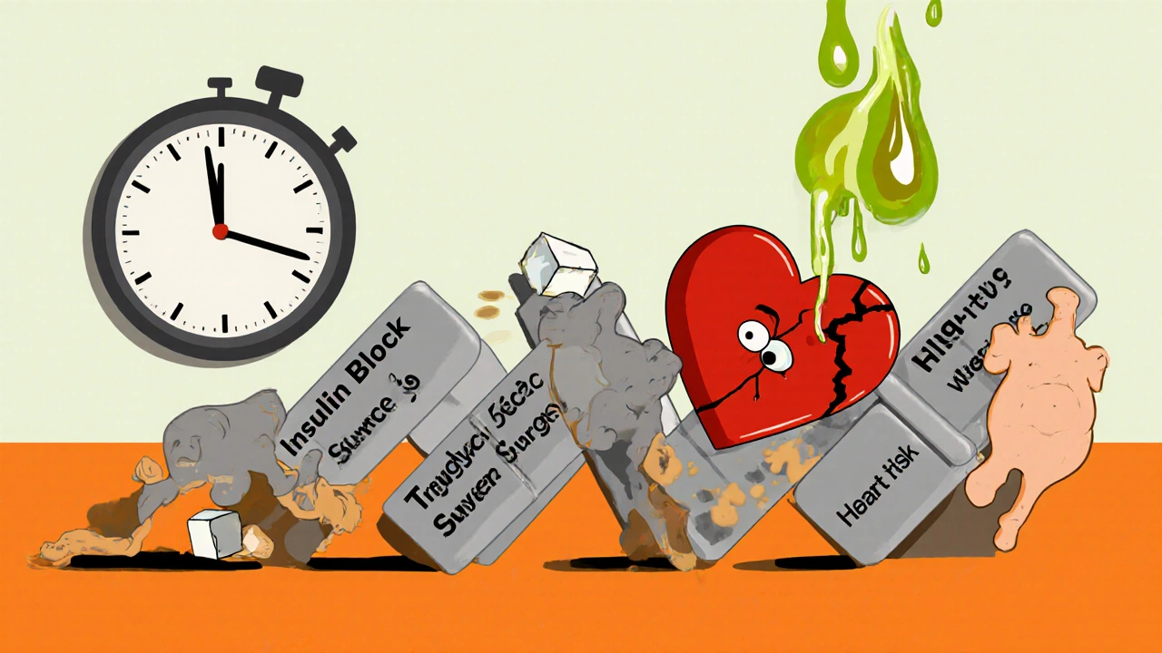 A domino chain of human bodies showing the progression from belly fat to heart risk in abstract surreal style.