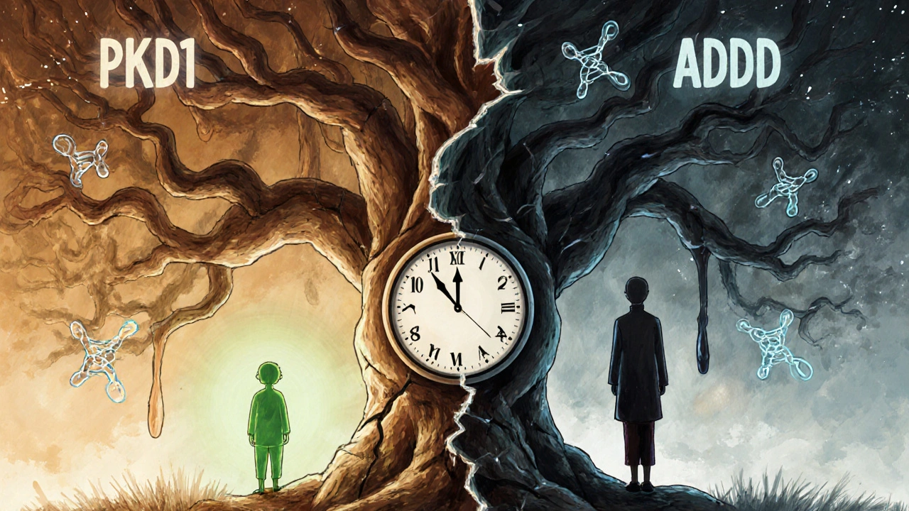 A fractured family tree made of kidney tubules connects a child and adult, with gene symbols glowing above.