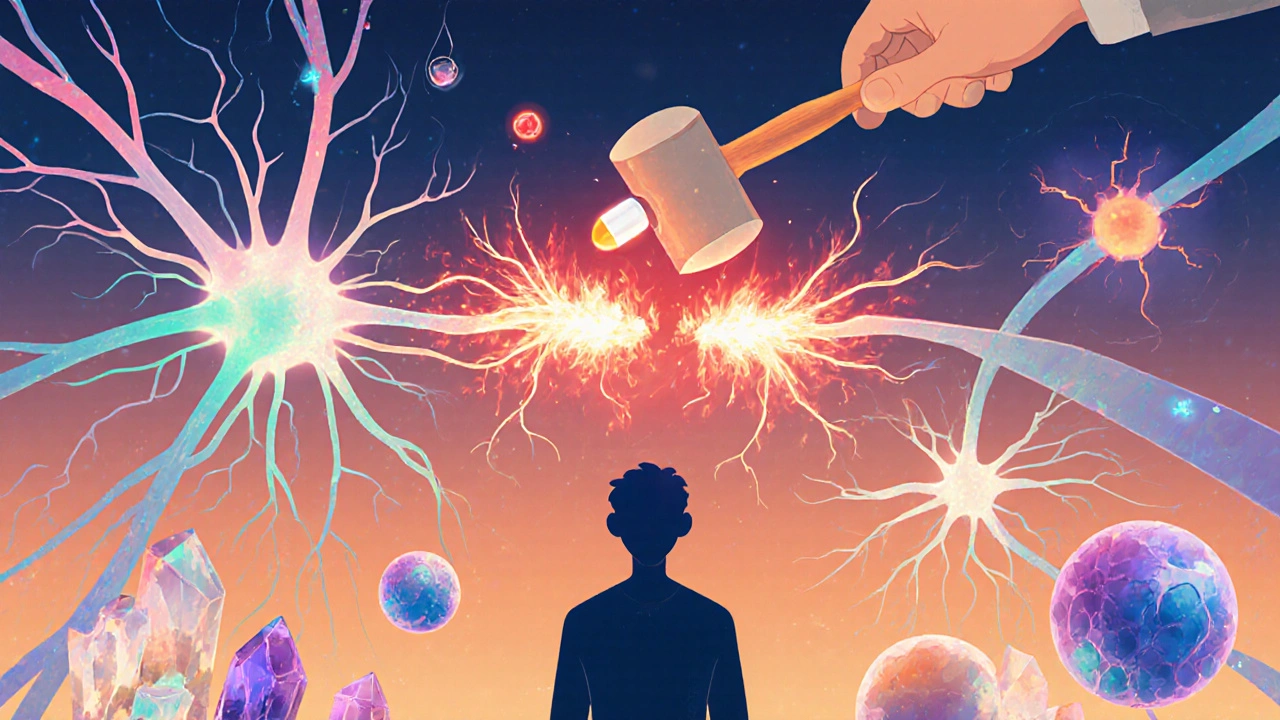 A glowing neural network being damaged by opioid drops, while healing therapies begin to repair the system.